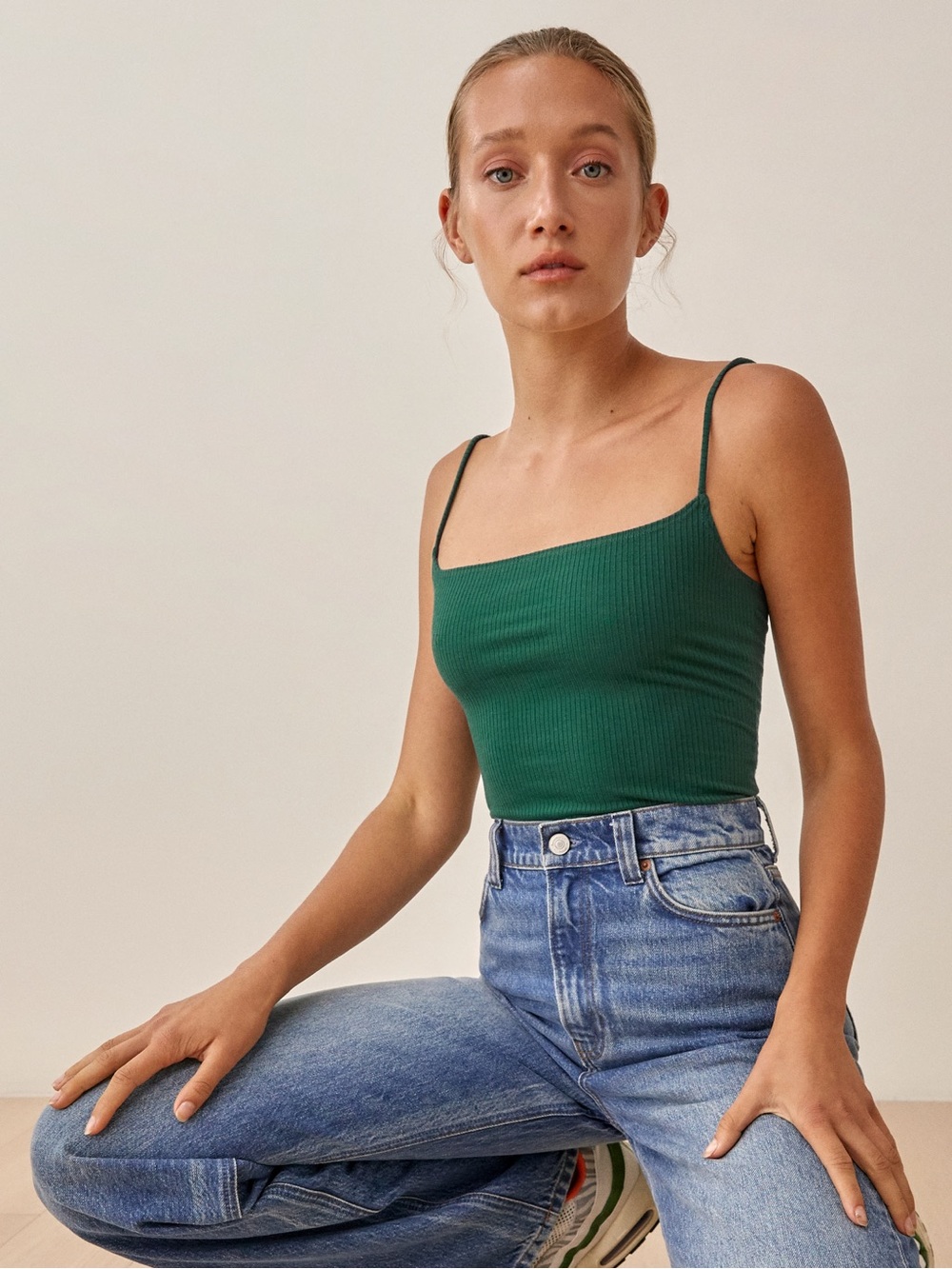 Reformation Carrie Ribbed Green Tank Top